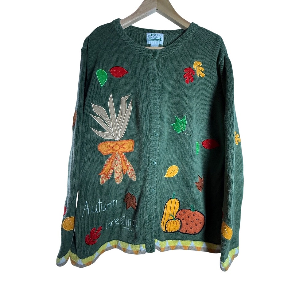 VTG Quacker‎ Factory Autumn Cardigan Sweater Green Embroidered Fall Large